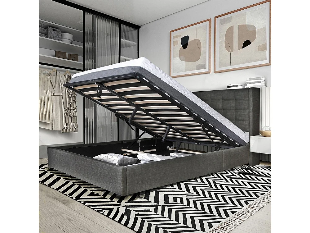 Lit coffre 2 places 160x200cm tissu Gris foncé avec sommier WALLE