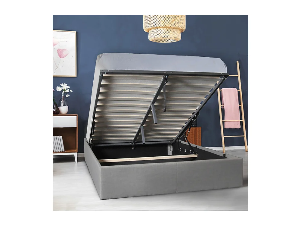Lit coffre 2 places 160x200cm Gris clair avec sommier GENI
