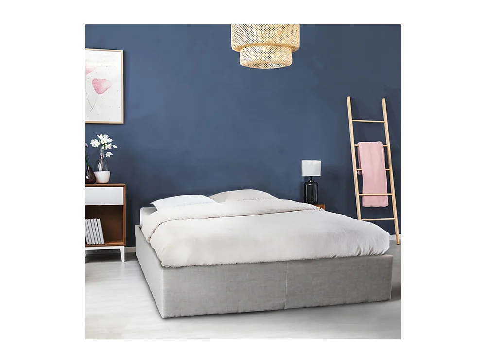 Lit coffre 2 places 160x200cm Gris clair avec sommier GENI