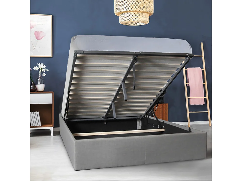 Lit coffre 2 places 160x200cm Gris clair avec sommier GENI