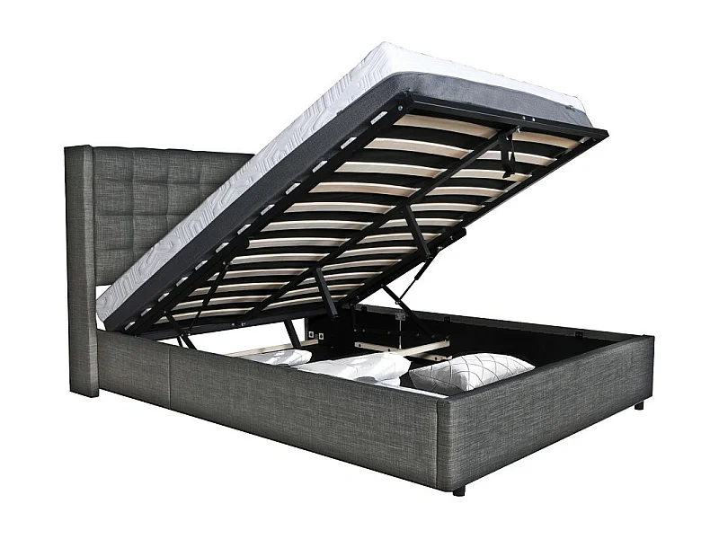 Lit coffre 2 places 140x190cm tissu Gris foncé avec sommier WALLE