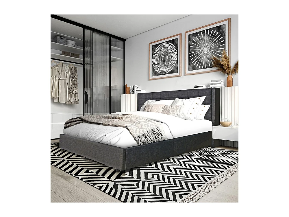 Lit coffre 2 places 140x190cm tissu Gris foncé avec sommier WALLE