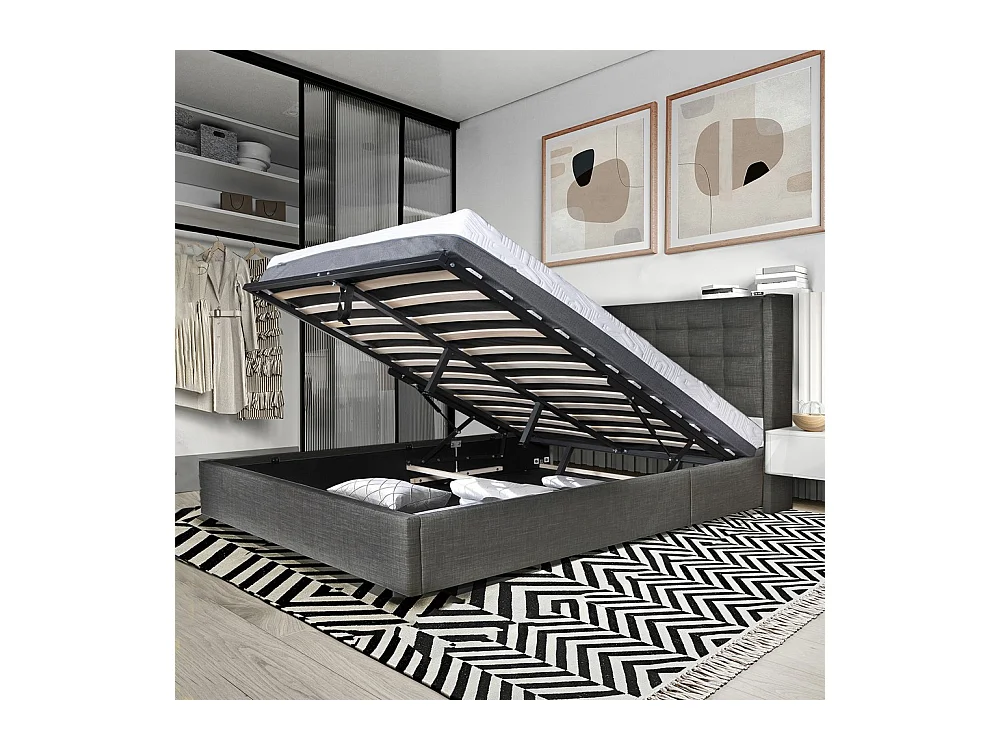 Lit coffre 2 places 140x190cm tissu Gris foncé avec sommier WALLE