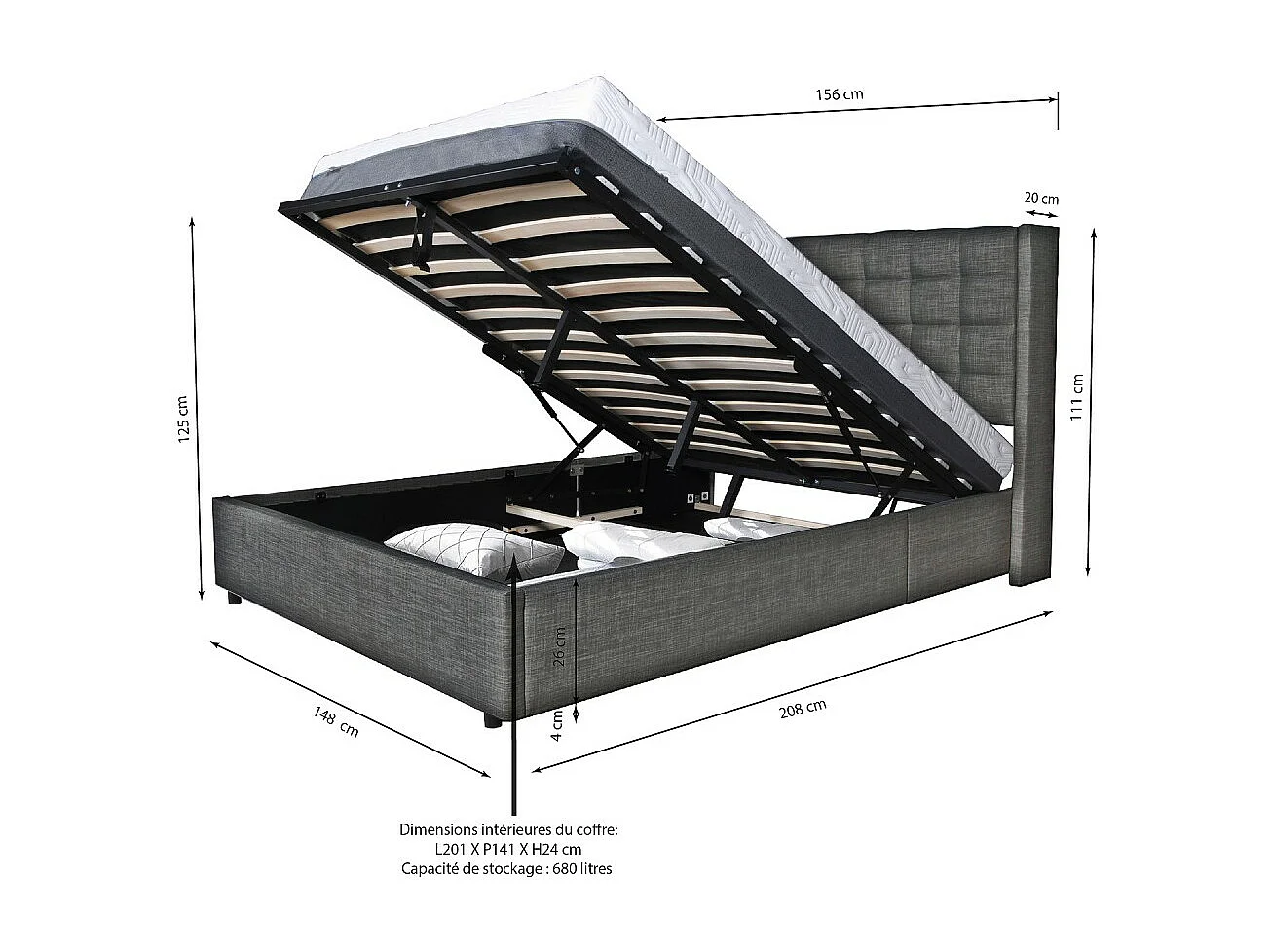 Lit coffre 2 places 140x190cm tissu Gris foncé avec sommier WALLE