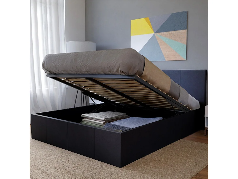 Lit coffre 2 places 140x190cm Noir avec sommier BACELAN