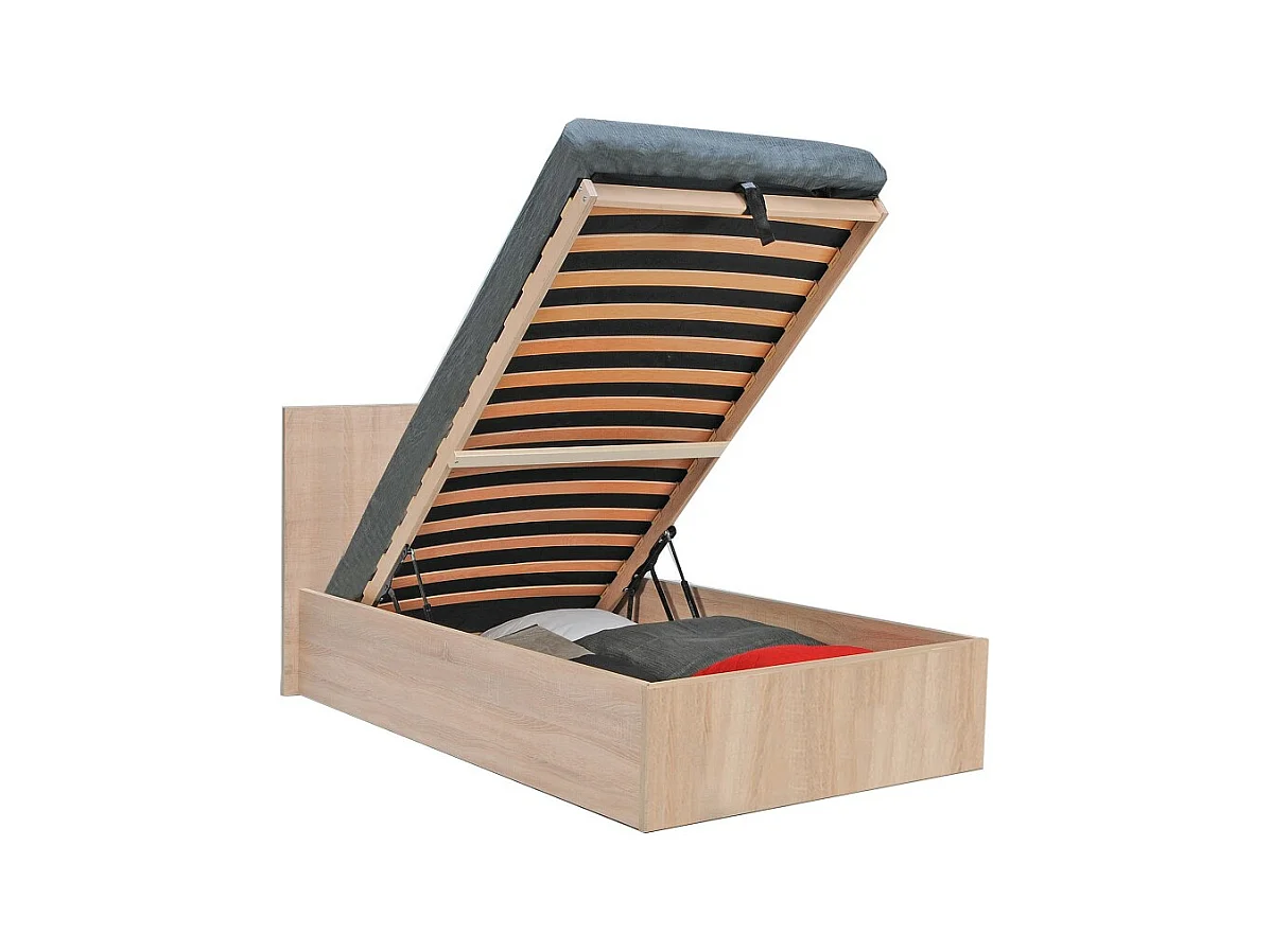 Lit coffre 1 place 90x190cm couleur Chêne avec sommier MARO
