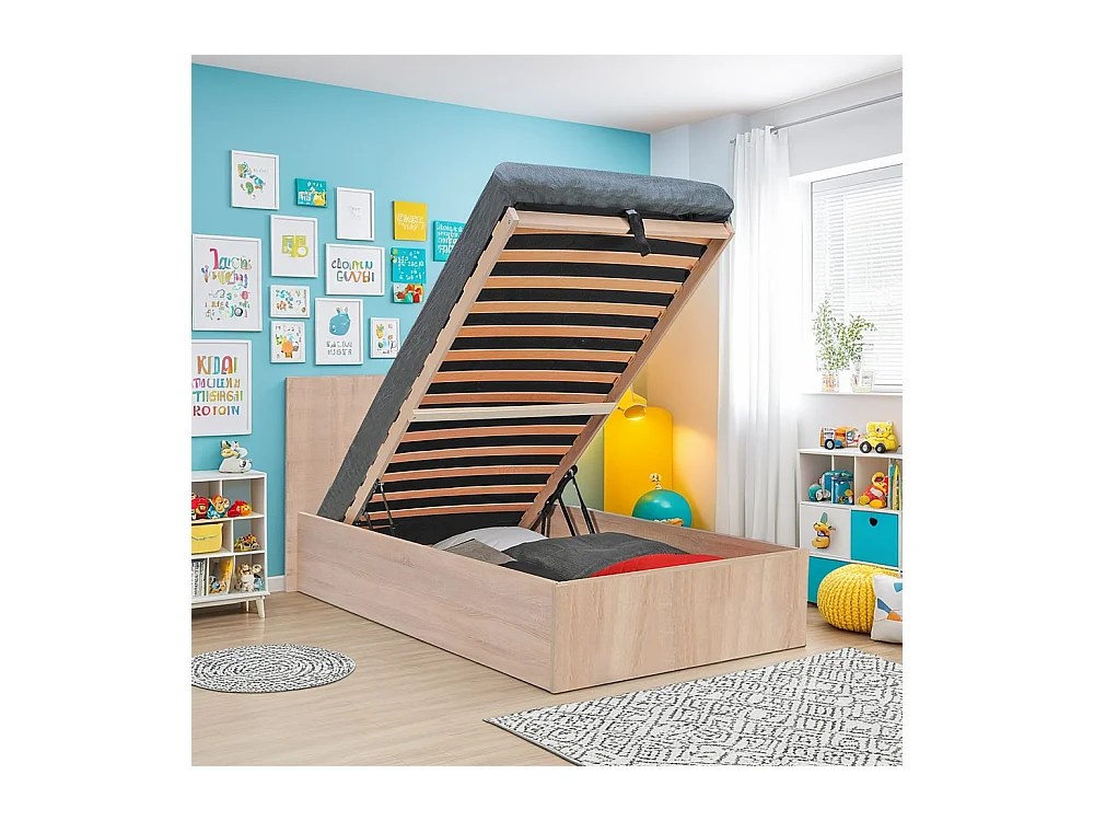 Lit coffre 1 place 90x190cm couleur Chêne avec sommier MARO