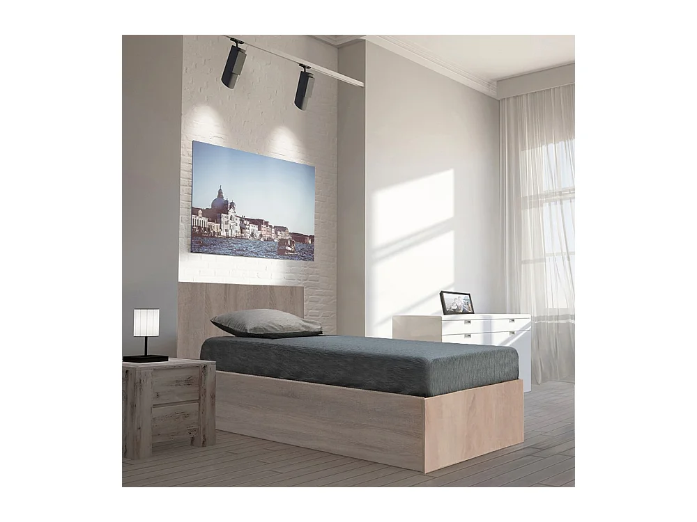 Lit coffre 1 place 90x190cm couleur Chêne avec sommier MARO