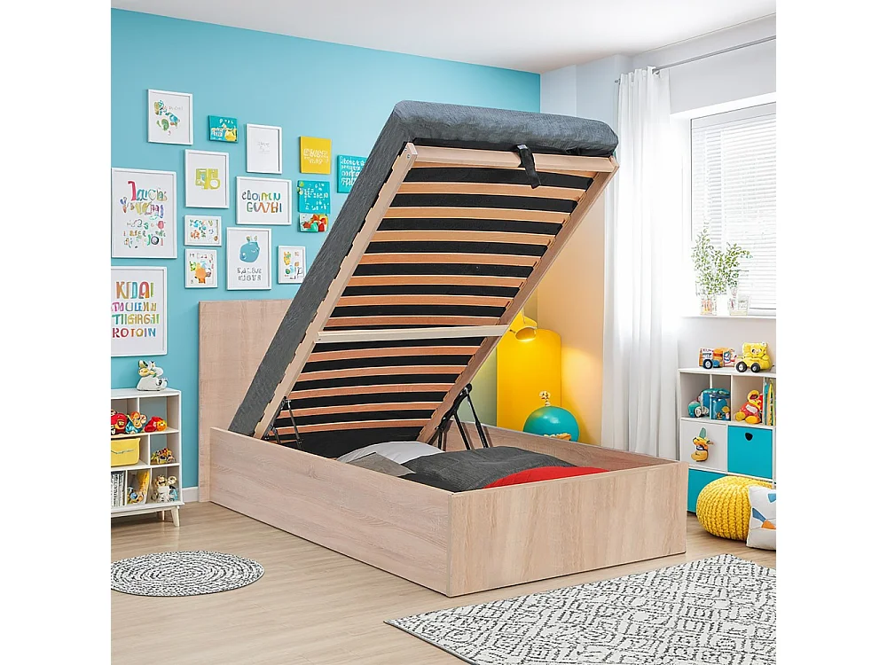 Lit coffre 1 place 90x190cm couleur Chêne avec sommier MARO