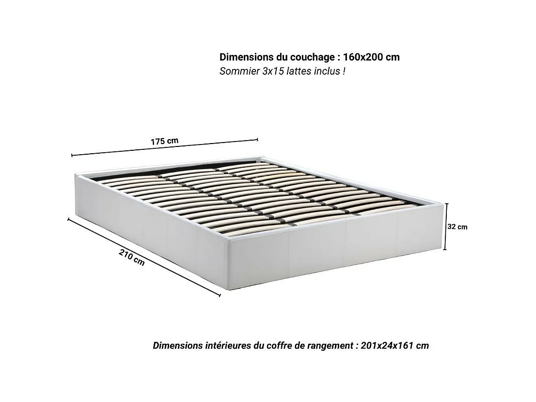 Lit coffre 2 places 160x200cm blanc avec sommier TURIN