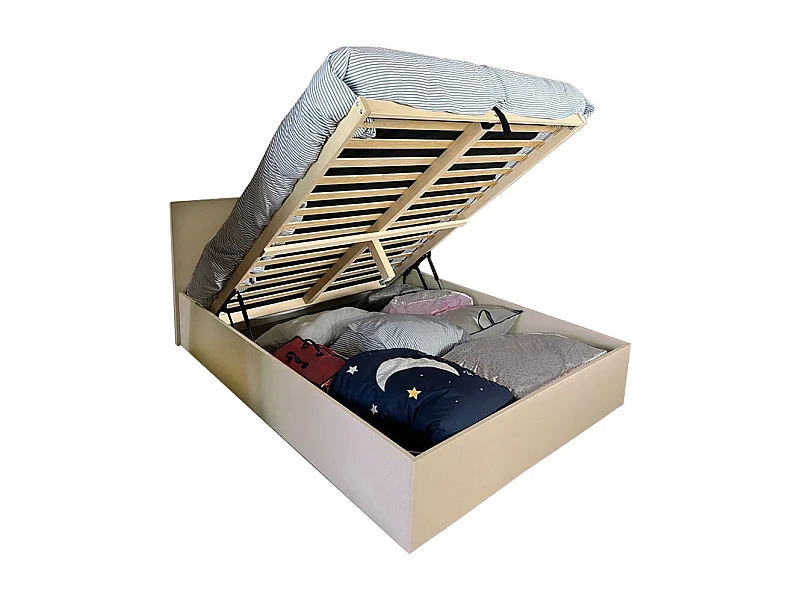 Lit coffre 2 places 140x190cm Tissu  Beige avec sommier MARO