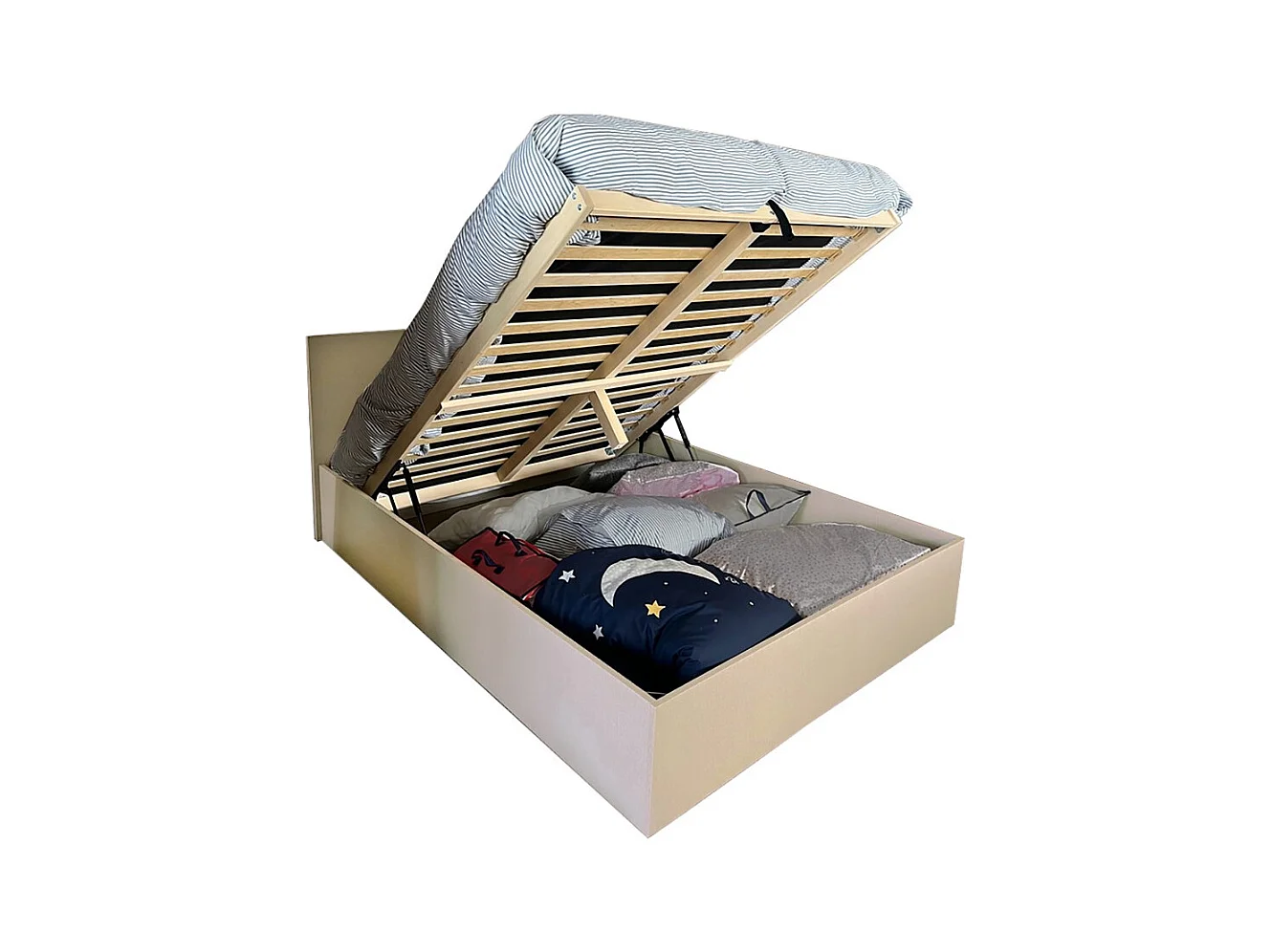 Lit coffre 2 places 140x190cm Tissu  Beige avec sommier MARO