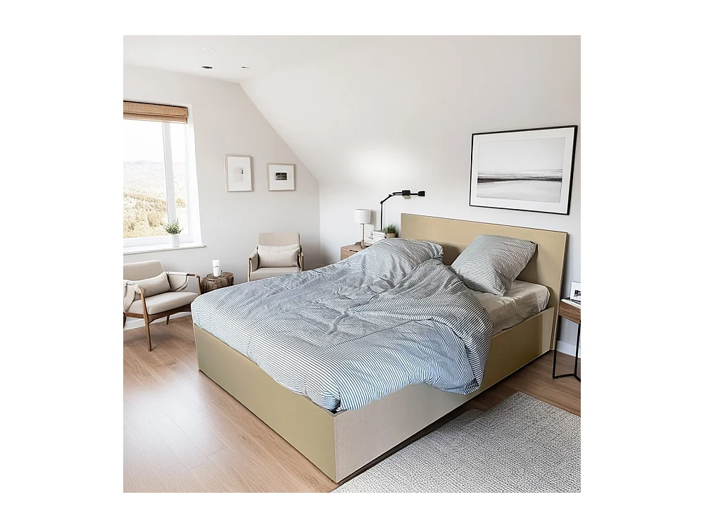 Lit coffre 2 places 140x190cm Tissu  Beige avec sommier MARO