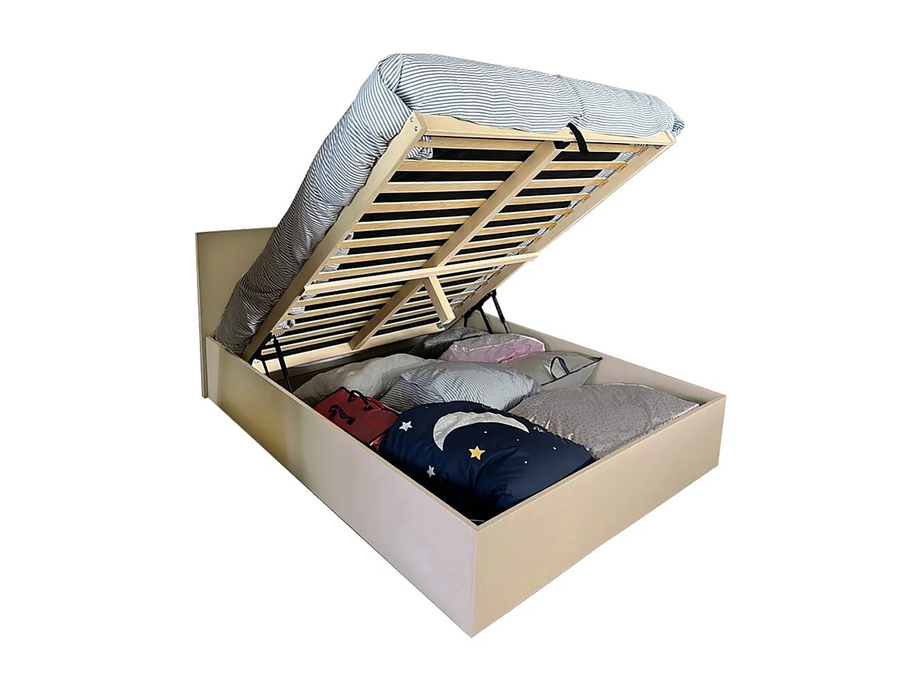 Lit coffre 2 places 140x190cm Tissu  Beige avec sommier MARO