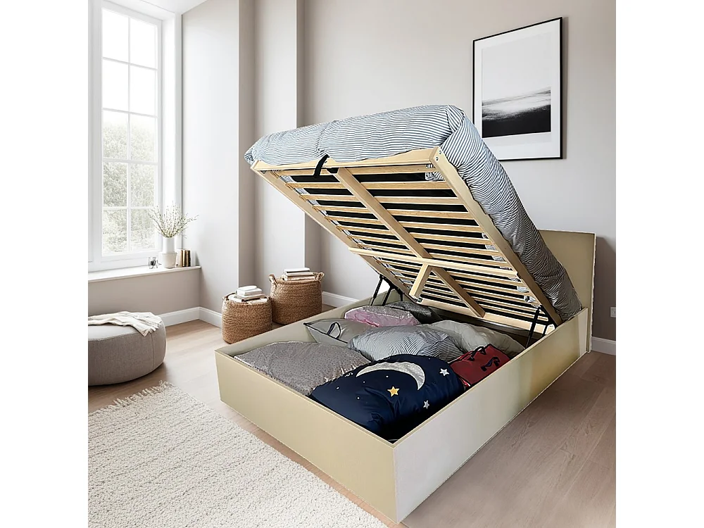 Lit coffre 2 places 140x190cm Tissu  Beige avec sommier MARO