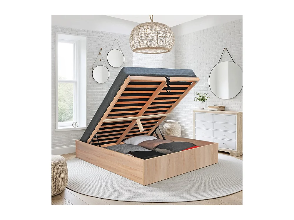 Lit coffre 2 places 180x200cm couleur chêne avec sommier BILYBA