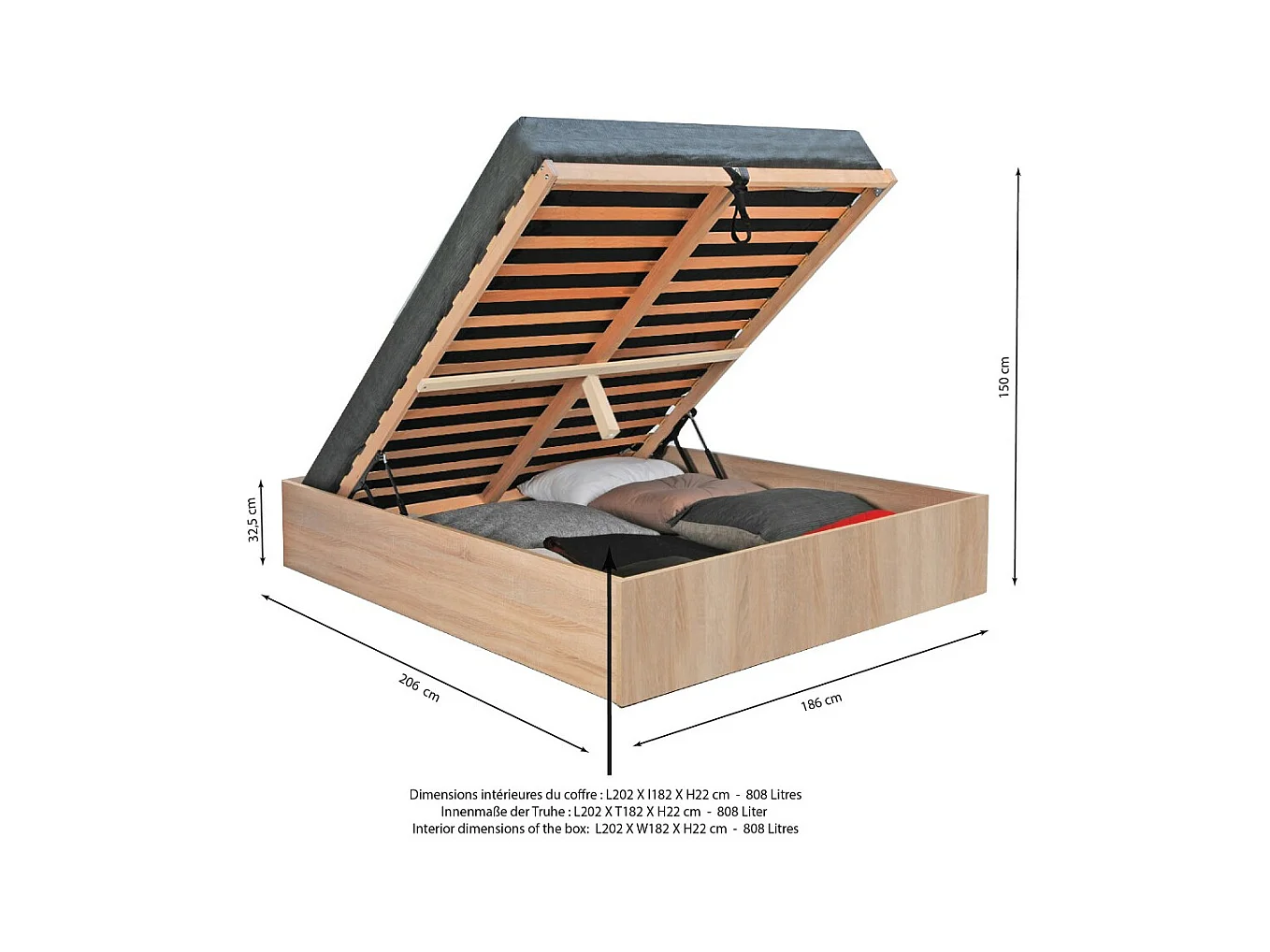 Lit coffre 2 places 180x200cm couleur chêne avec sommier BILYBA