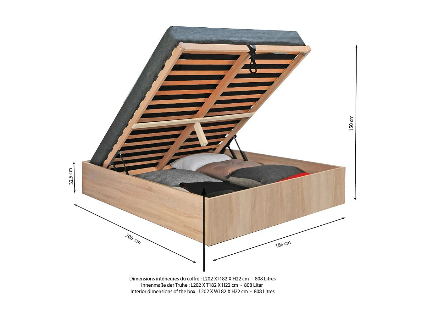Lit coffre 2 places 180x200cm couleur chêne avec sommier BILYBA