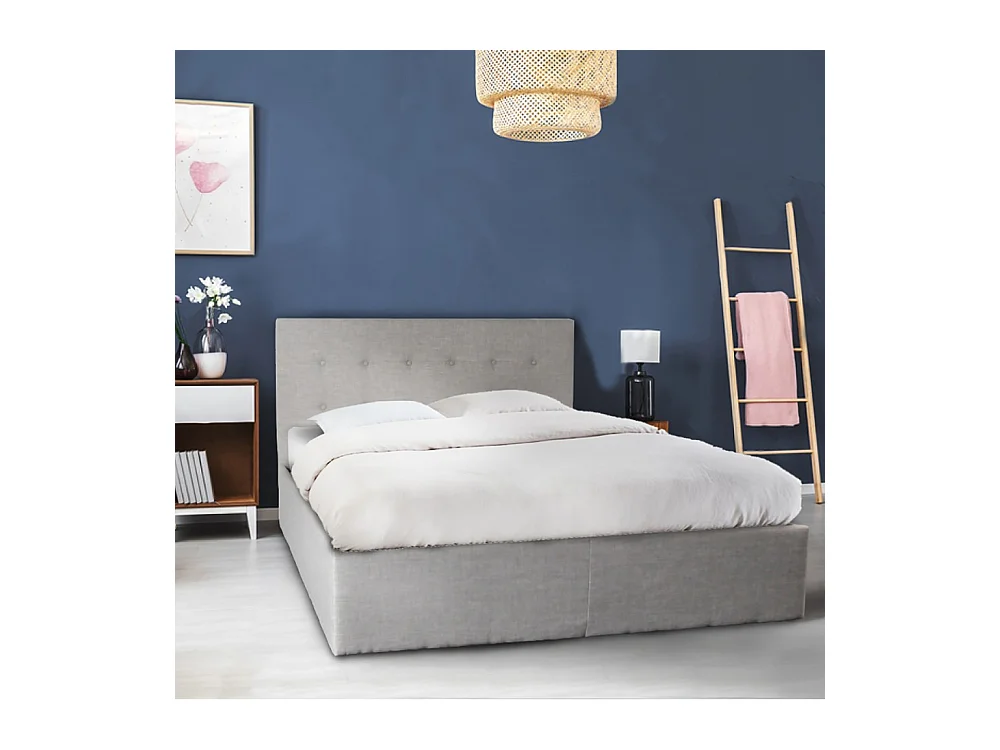 Lit coffre 2 places 160x200cm tissu Gris clair avec sommier PAMA