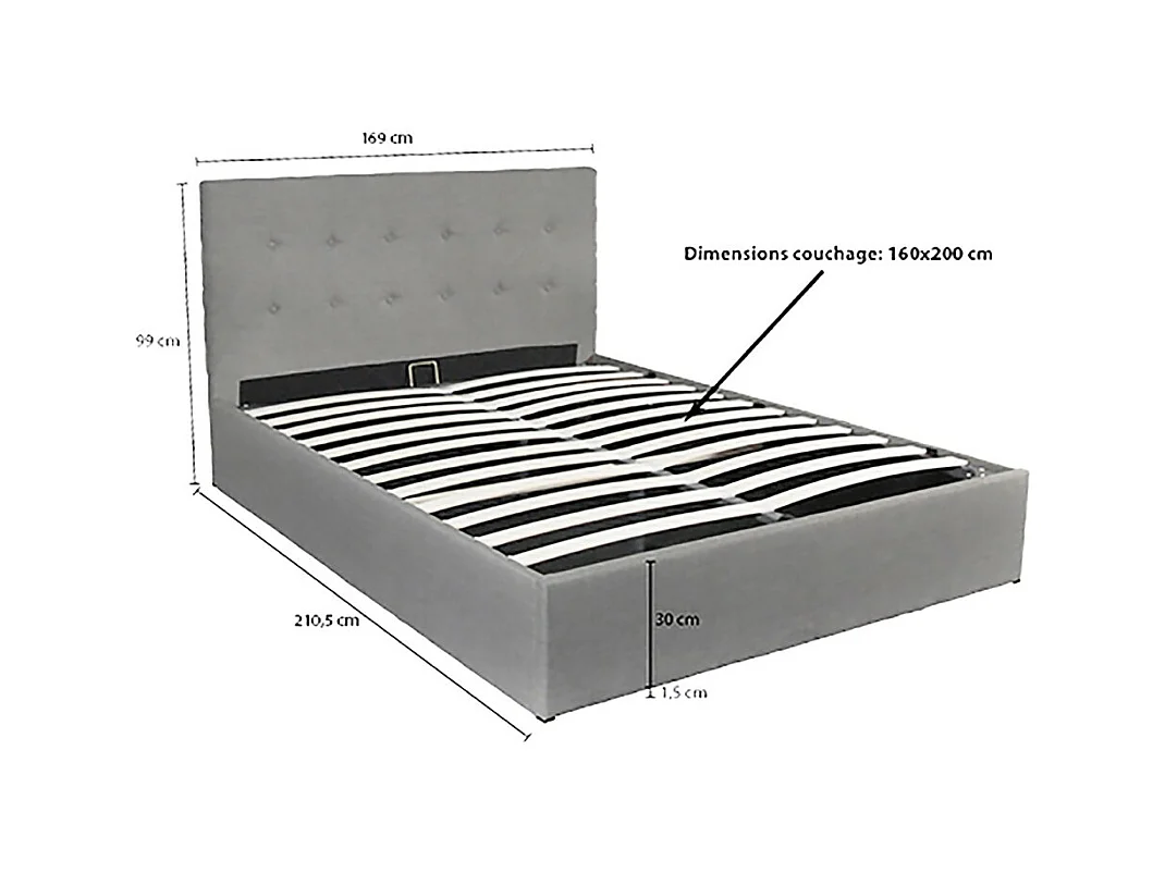 Lit coffre 2 places 160x200cm tissu Gris clair avec sommier PAMA