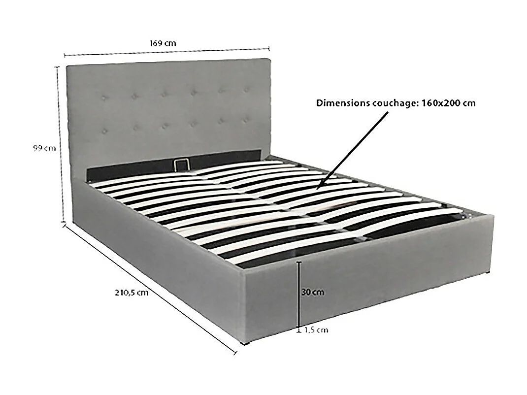 Lit coffre 2 places 160x200cm tissu Gris clair avec sommier PAMA
