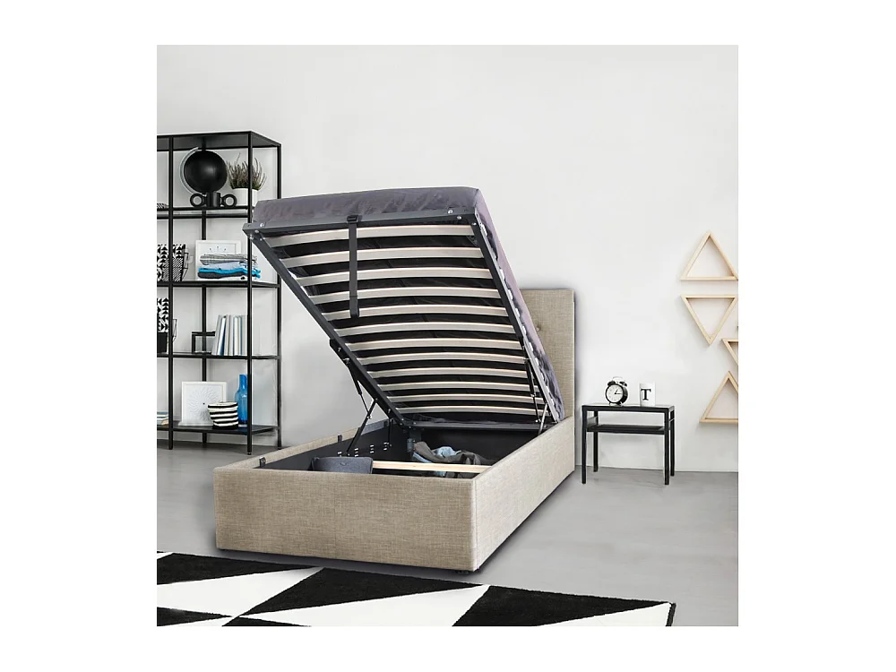 Lit coffre 1 place 90x190cm tissu Beige avec sommier PAMA