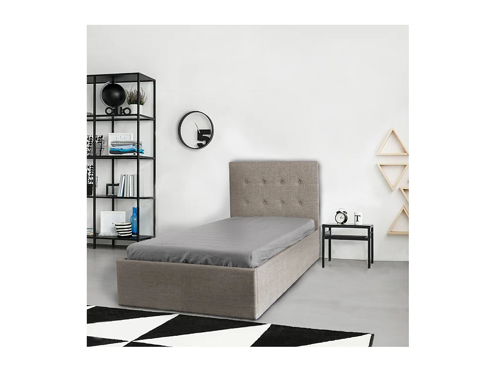 Lit coffre 1 place 90x190cm tissu Beige avec sommier PAMA