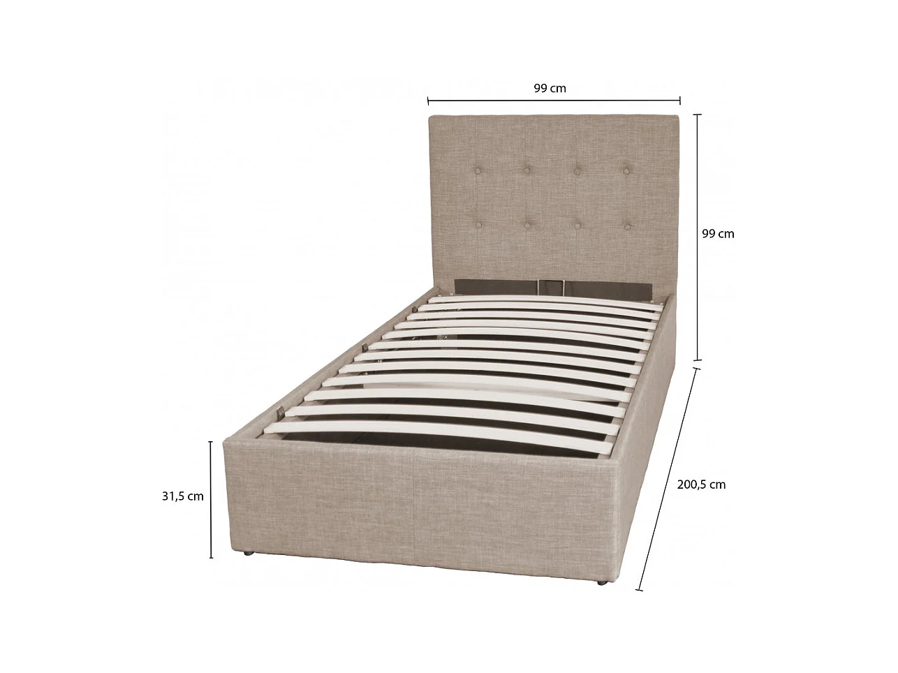 Lit coffre 1 place 90x190cm tissu Beige avec sommier PAMA