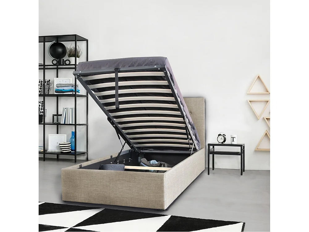 Lit coffre 1 place 90x190cm tissu Beige avec sommier PAMA