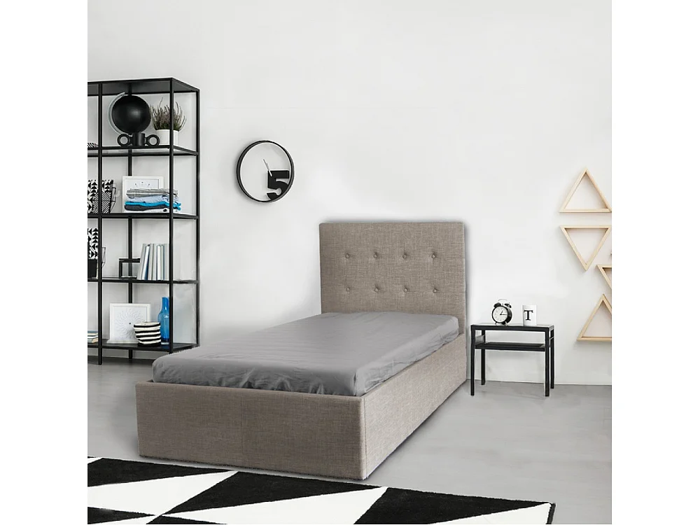 Lit coffre 1 place 90x190cm tissu Beige avec sommier PAMA