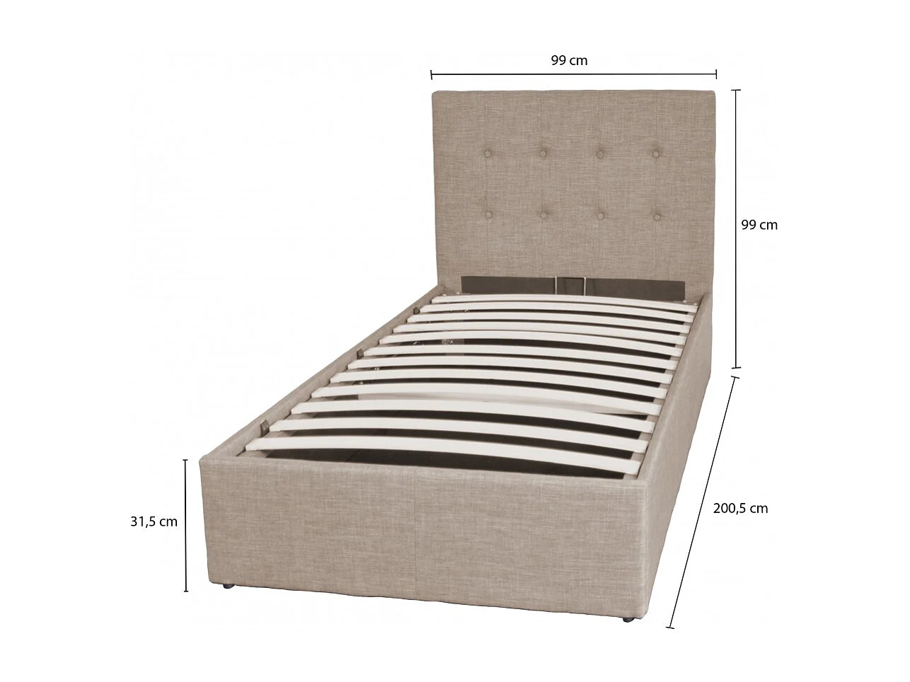 Lit coffre 1 place 90x190cm tissu Beige avec sommier PAMA