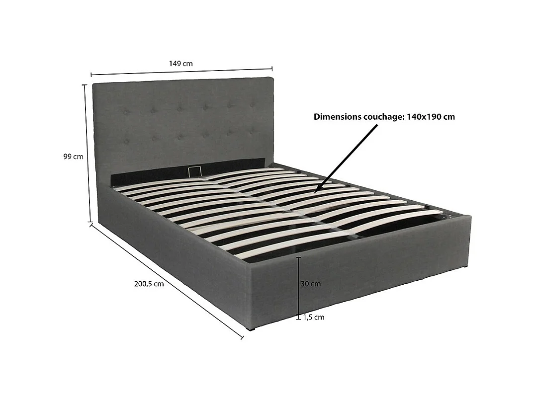 Lit coffre 2 places 140x190cm tissu Gris foncé avec sommier PAMA