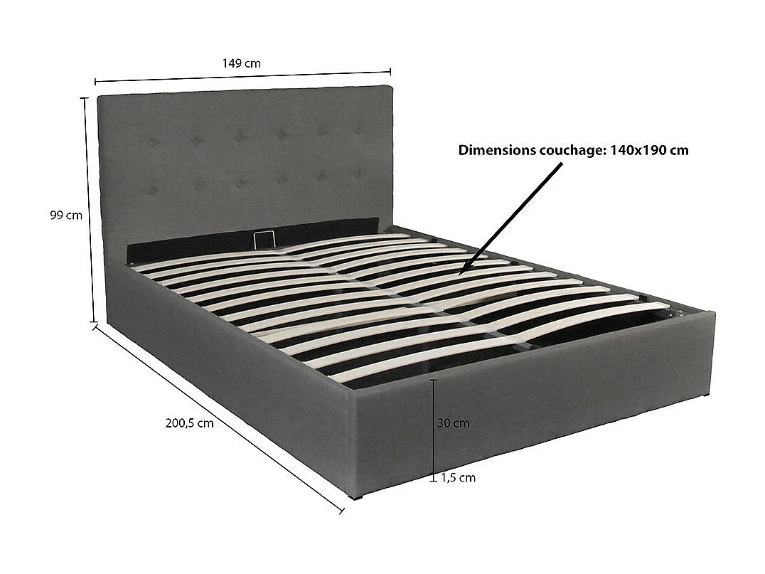 Lit coffre 2 places 140x190cm tissu Gris foncé avec sommier PAMA