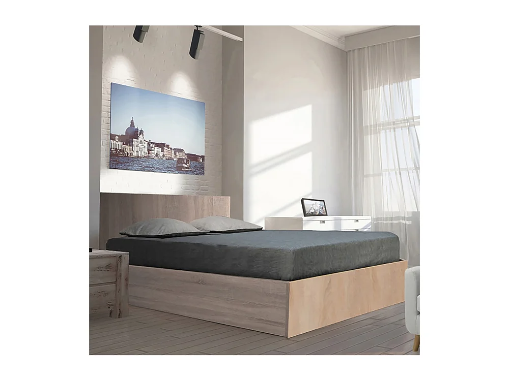 Lit coffre 2 places 160x200cm couleur chêne avec sommier MARO