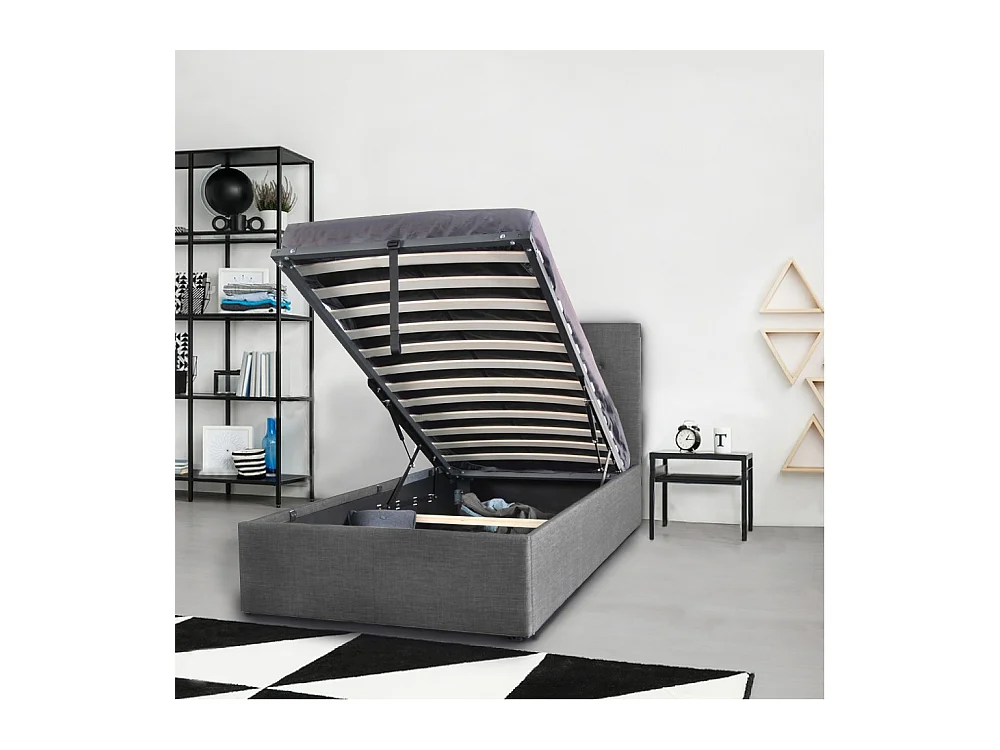 Lit coffre 1 place 90x190cm tissu Gris foncé avec sommier PAMA