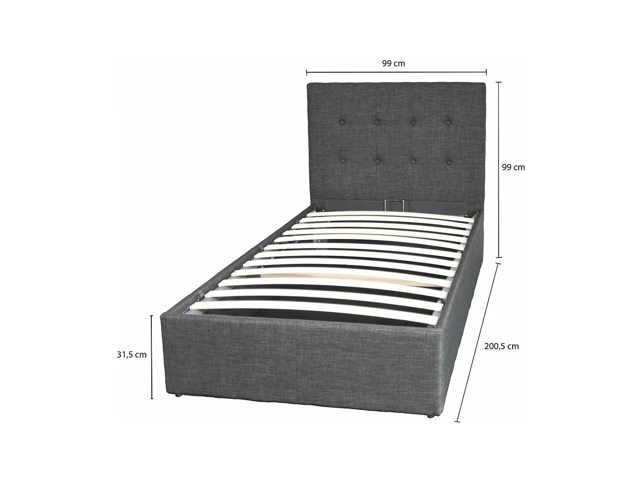 Lit coffre 1 place 90x190cm tissu Gris foncé avec sommier PAMA