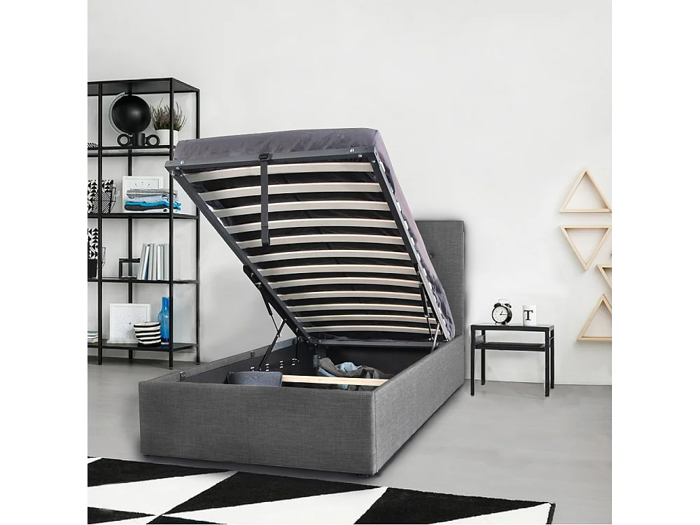 Lit coffre 1 place 90x190cm tissu Gris foncé avec sommier PAMA