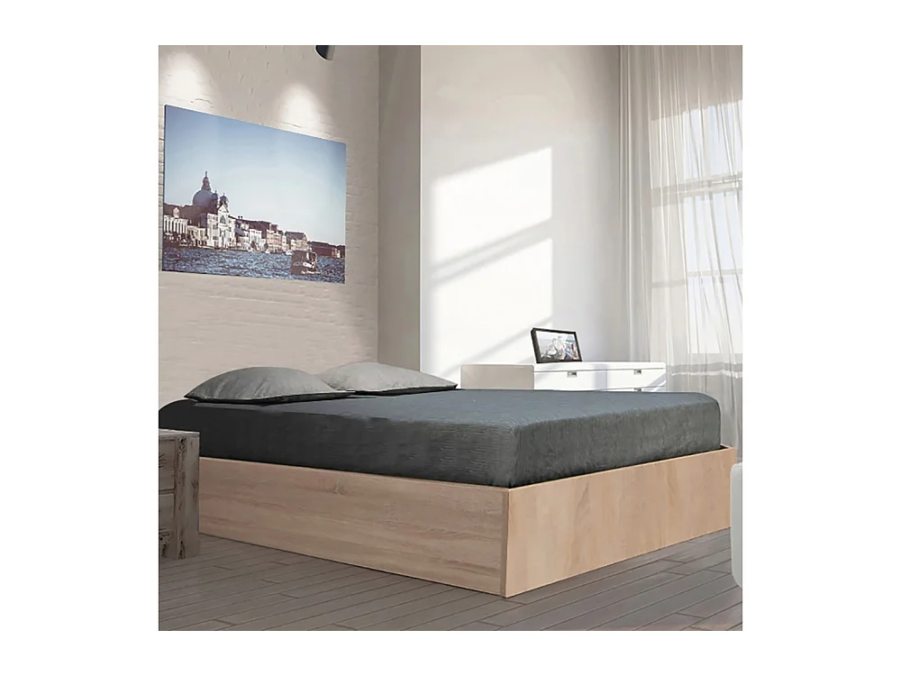 Lit coffre 2 places 160x200cm couleur chêne avec sommier BILYBA