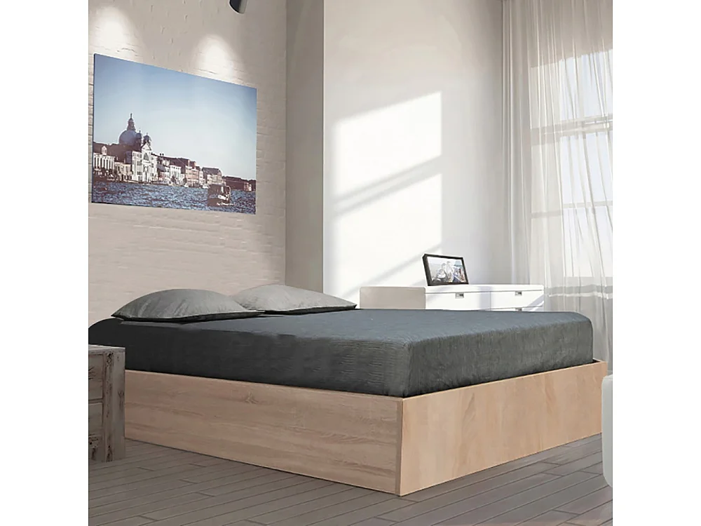 Lit coffre 2 places 160x200cm couleur chêne avec sommier BILYBA