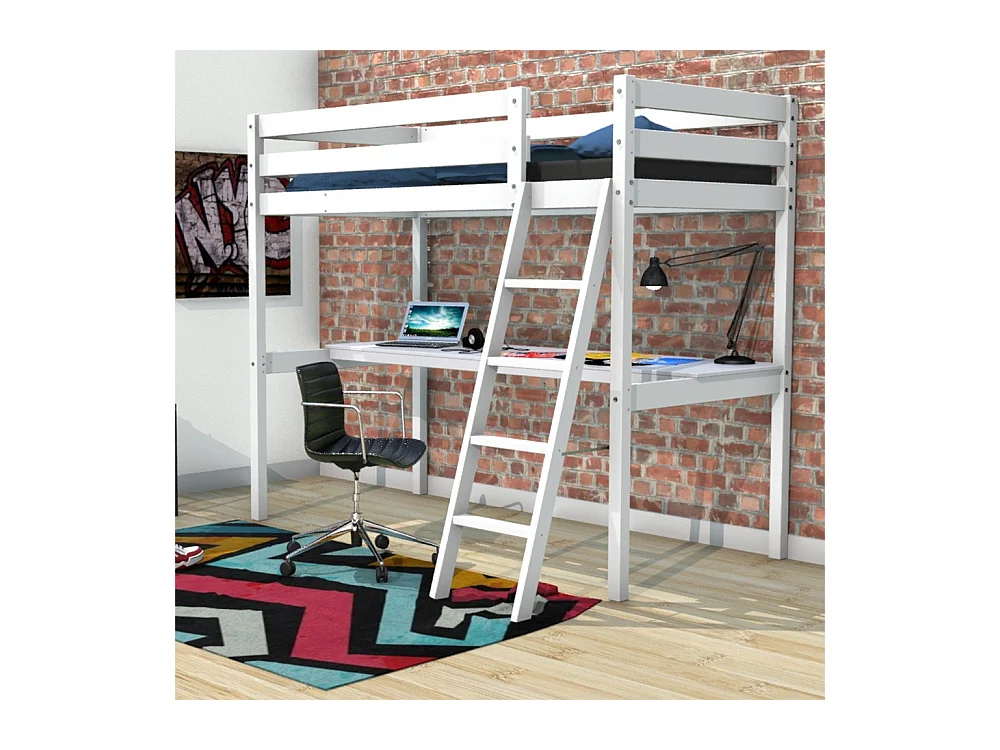 Lit Mezzanine 90x190cm blanc ASPI avec bureau incl. Sommier et échelle