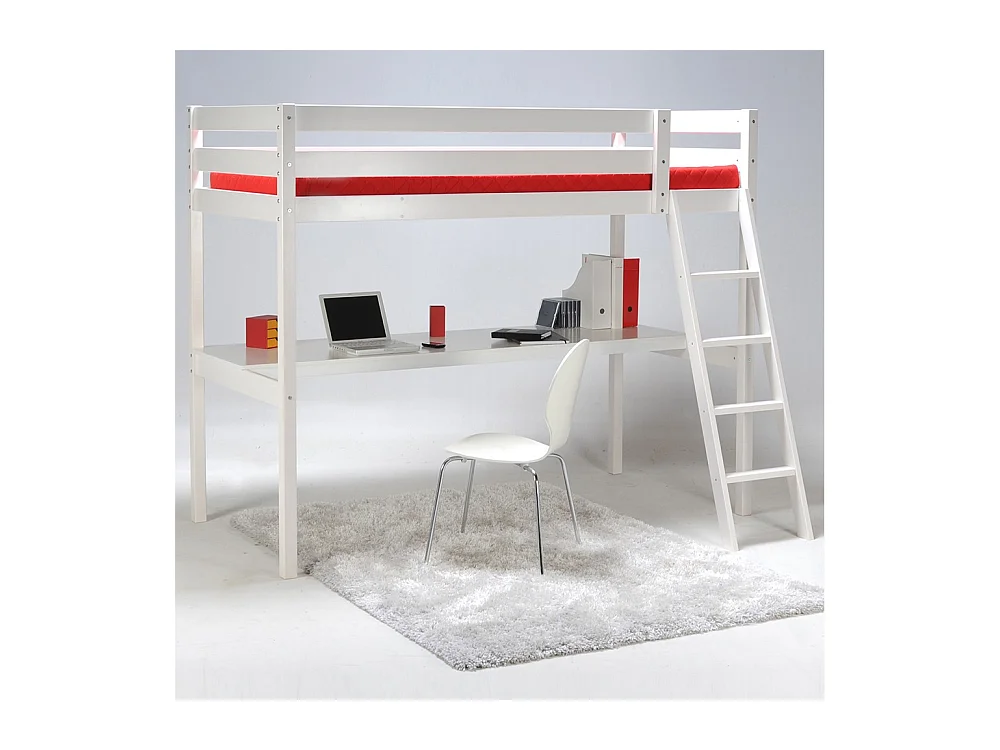 Lit Mezzanine 90x190cm blanc ASPI avec bureau incl. Sommier et échelle