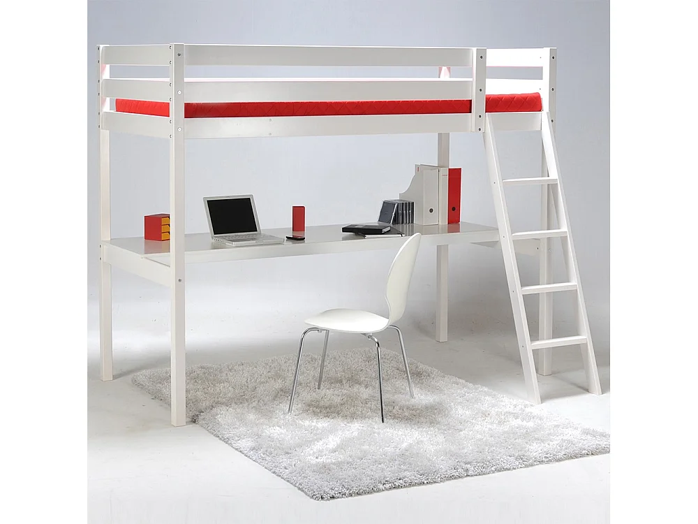 Lit Mezzanine 90x190cm blanc ASPI avec bureau incl. Sommier et échelle