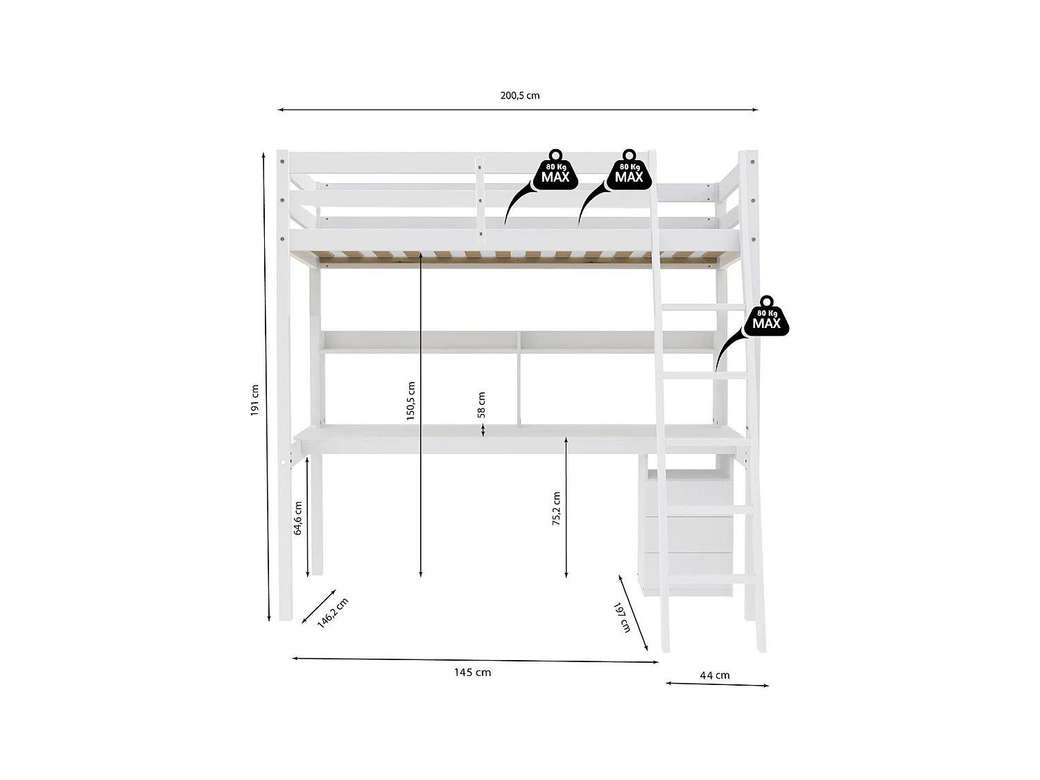 Lit Mezzanine 140x190cm blanc SALA avec Bureau et commode incl. Sommier et échelle
