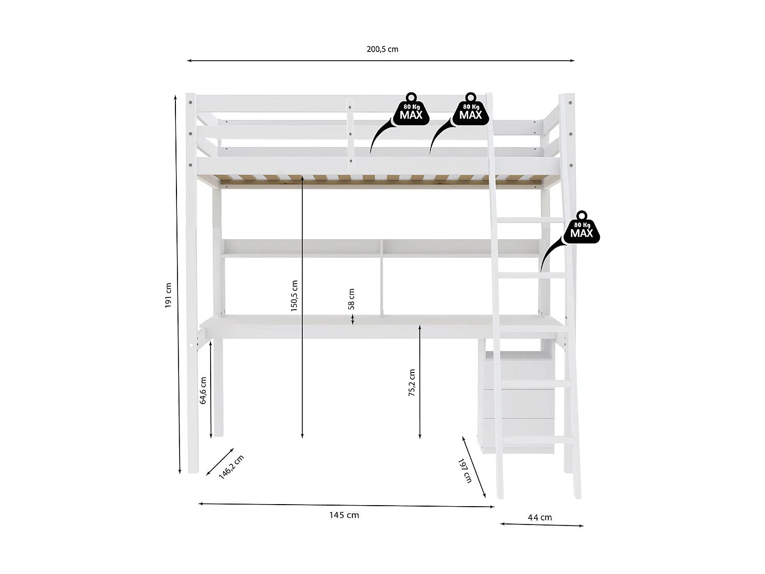 Lit Mezzanine 140x190cm blanc SALA avec Bureau et commode incl. Sommier et échelle