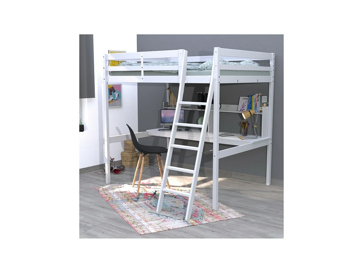 Lit Mezzanine 140x190cm blanc SALA avec Bureau et étagères incl. Sommier et échelle