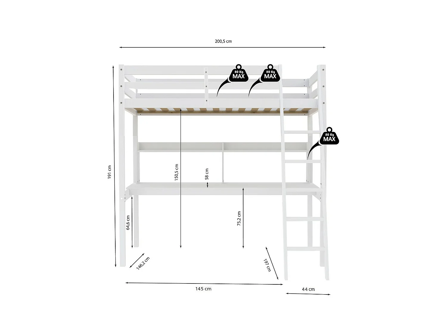 Lit Mezzanine 140x190cm blanc SALA avec Bureau et étagères incl. Sommier et échelle