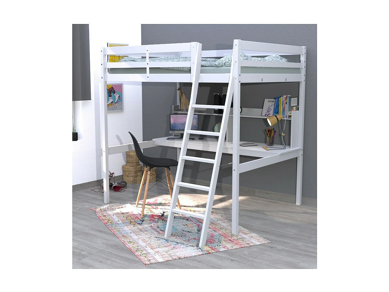 Lit Mezzanine 140x190cm blanc SALA avec Bureau et étagères incl. Sommier et échelle