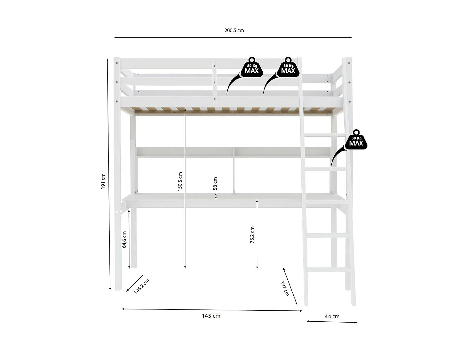 Lit Mezzanine 140x190cm blanc SALA avec Bureau et étagères incl. Sommier et échelle