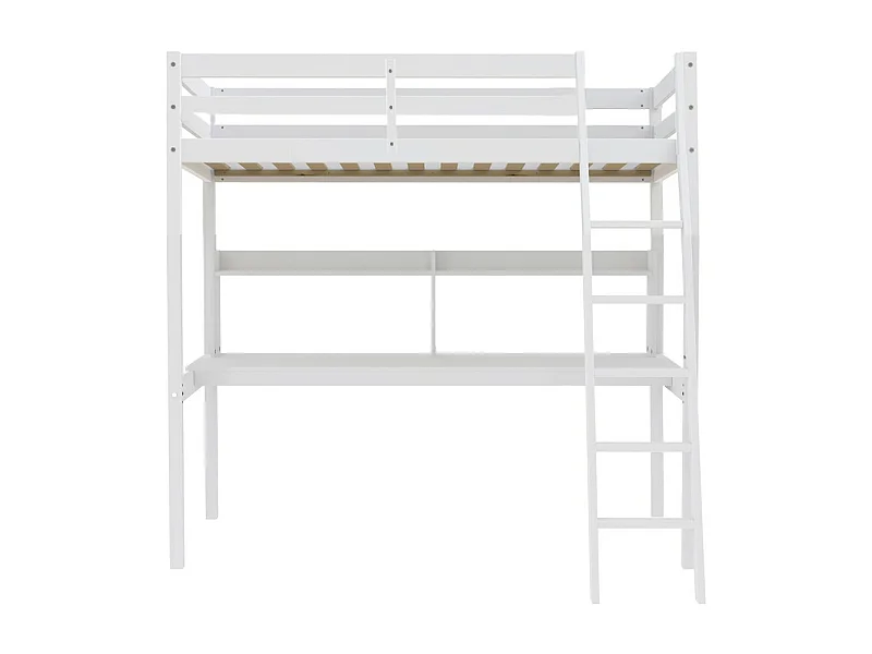 Lit Mezzanine 140x190cm blanc SALA avec Bureau et étagères incl. Sommier et échelle