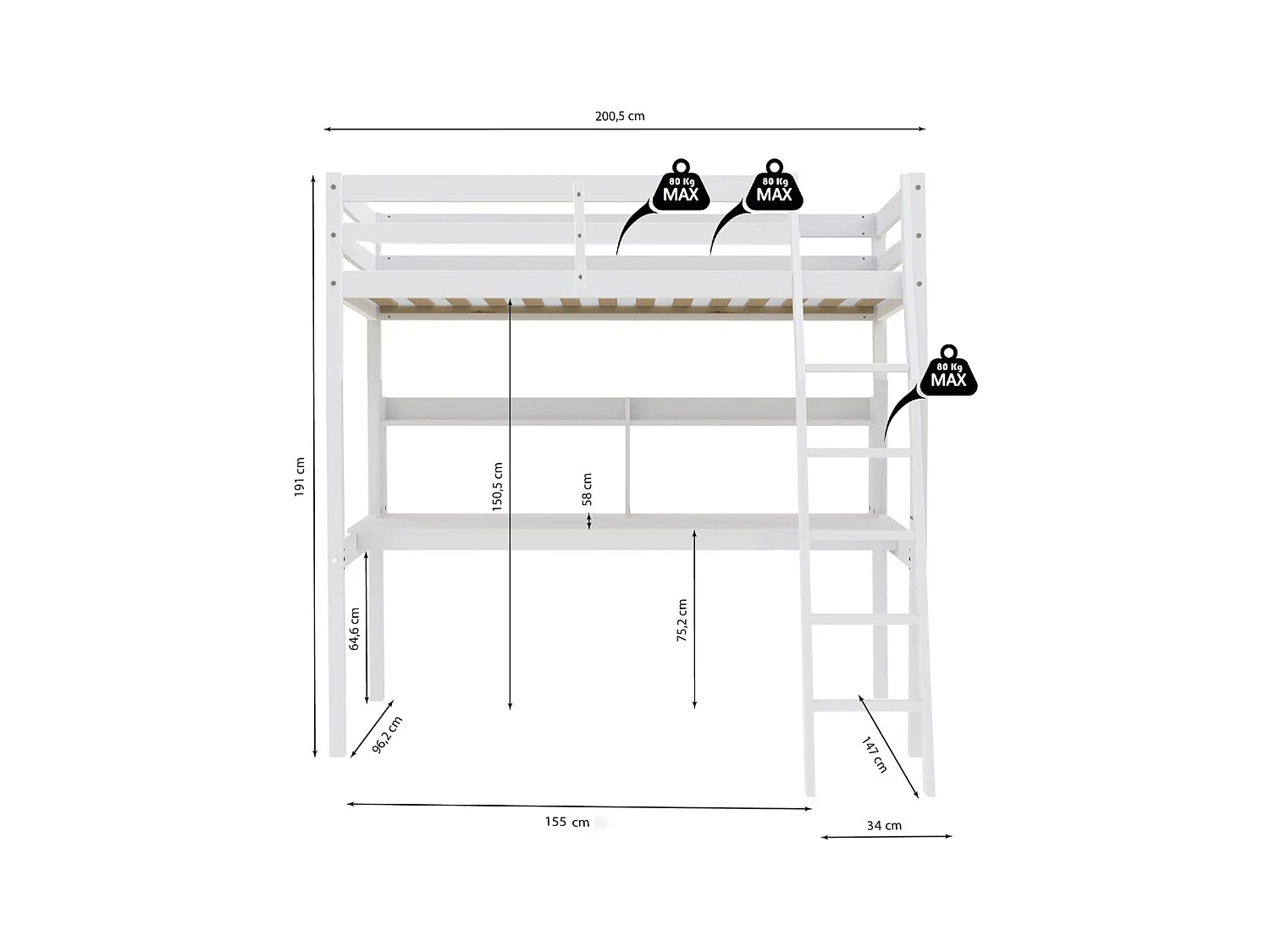 Lit Mezzanine 90x190cm blanc SALA avec Bureau et étagères incl. Sommier et échelle
